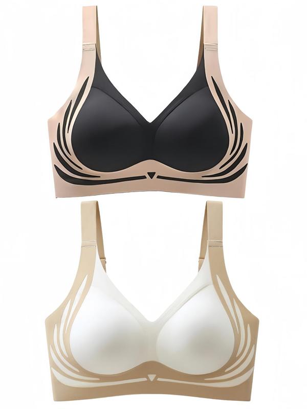 Women's Colorblock Print Wireless Bra, Seamless Adjustable Strap Push Up Bra, Soft Comfortable Breathable Lingerie for All Seasons, Women's Clothing