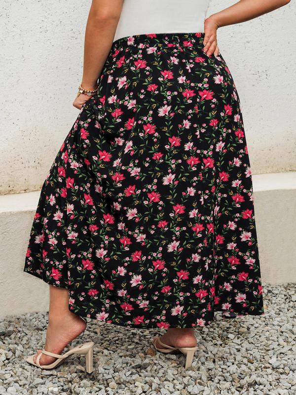 CURVZY Plus Size Fall Aesthetic Ditsy Floral Print Flared Skirt, Boho Long Skirt for Beach Vacation Holiday, Skirts for Women, Women's Bottoms for Summer & Autumn