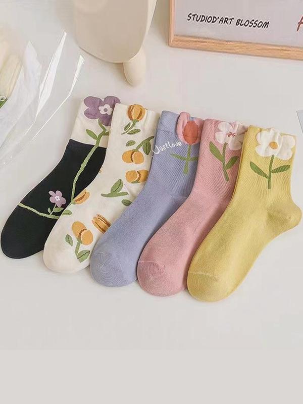 Women's 5 Pairs Floral Print Crew Socks, Fashion Casual Comfy Socks for Daily Outdoor Wear, Women Socks for All Seasons