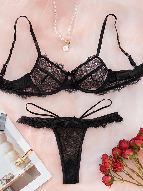 Women's Floral Lace Cut Out Underwire Bra & Bow Decor Thong Sheer Sexy Lingerie Set, Romantic Adjustable Strap Bra & Thong, Lingerie Set for Women