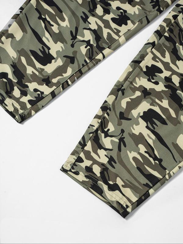  Camo Print Letter Tape Overlap Waist Leggings, Casual Comfy Breathable Stretchy Skinny Pants for Daily Wear, Women's Bottoms for Fall & Winter