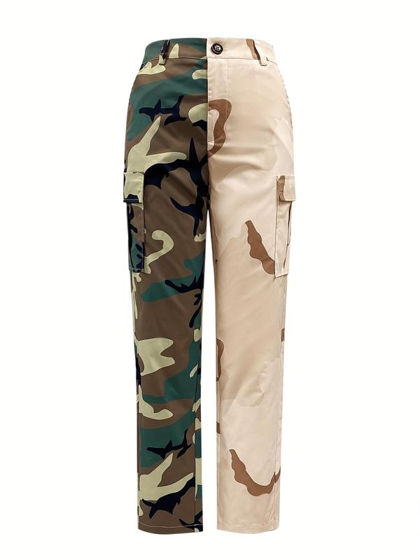 Women's Camo & Colorblock Print Button Fly Buckle Flap Pocket Pants, Y2K Street Fashion Casual Straight Leg Trousers for Daily Wear, Ladies Bottoms for All Seasons, Pants for Women