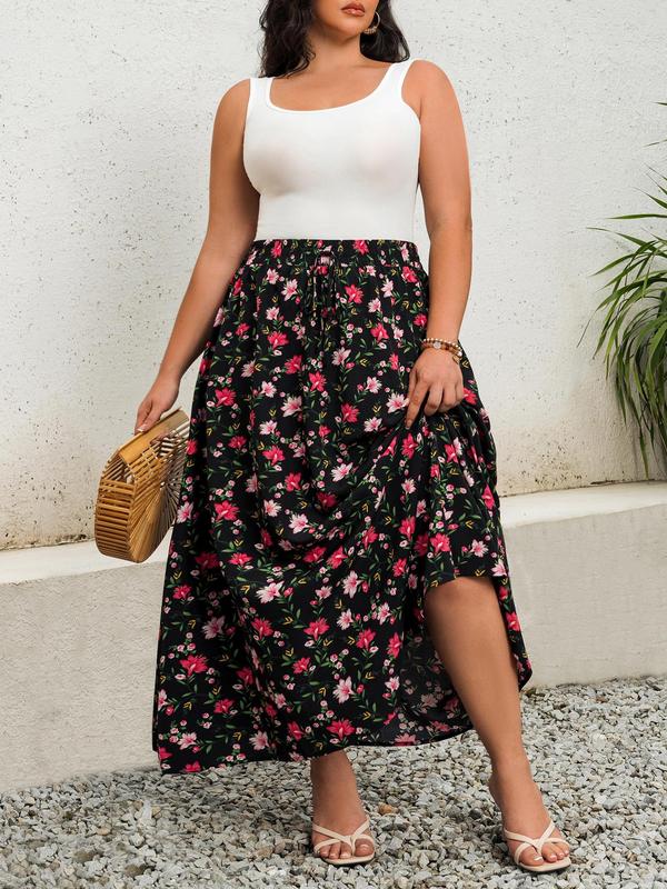 CURVZY Plus Size Fall Aesthetic Ditsy Floral Print Flared Skirt, Boho Long Skirt for Beach Vacation Holiday, Skirts for Women, Women's Bottoms for Summer & Autumn