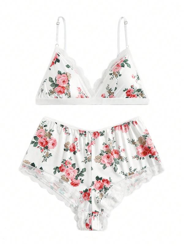 2-Pack Floral Print Contrast Lace Wireless Bra & Boyshorts Lingerie Set - Comfortable & Stylish for Everyday Wear