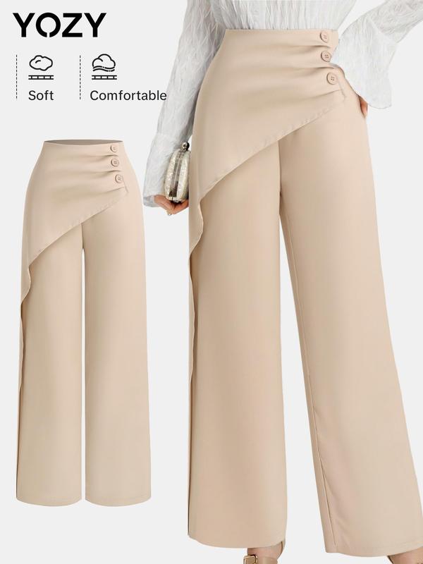 YOZY Women's Plain Ruched Button Decor Wide Leg Pants, Casual Comfy Zipper Trousers for Daily Wear, Ladies Bottoms for All Seasons