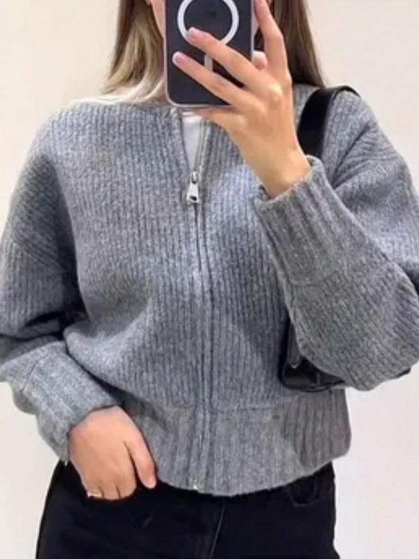 Women's Solid Drop Shoulder Zipper  Sweater Cardigan, Casual Long Sleeve Round Neck Knitwear for Fall & Winter, Fashion Women's Knit Clothing for Daily Wear