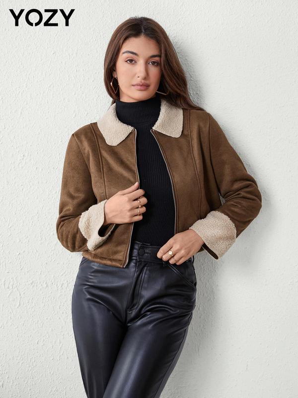 Black Friday Deals Black Friday Deals YOZY Colorblock Zip Up Lined Crop Jacket   Casual Long Sleeve Collared Fuzzy Outerwear, 2024 Women's Daily Wear for All Seasons,Christmas 2024 Trend,Thanksgiving Clothing,Fall Clothing,Winter Clothing