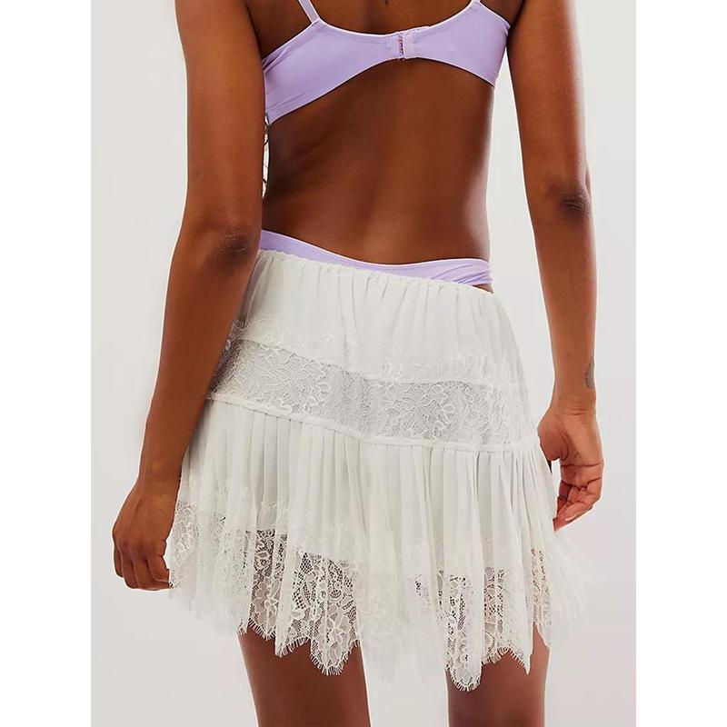 New Women's Y2k Lace Half Slip Skirt Low Rise Pleated Ruffle Trim Mini Skirt Fairy Mesh Layered Flowy Short Skirts Underskirt