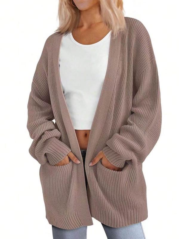 Women's Solid Drop Shoulder Pocket Cardigan, Casual Long Sleeve Open Front Knitwear for Fall & Winter, Fashion Women's Knit Clothing for Daily Wear