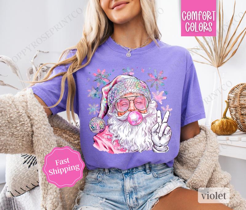 Sparkle Santa Shirt Comfort Colors, Preppy Christmas Tshirt,  Womens Holiday Tee