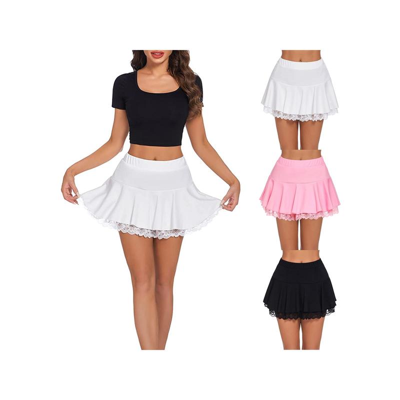 Women's Pleated Mini Skirt A-shaped Flared Outline Lace Ruffles Elastic Waistband Short Skirt