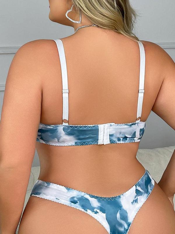  Two-Piece Set Tie Dye Floral Print Contrast Lace Bra & Panty Underwear Set, Adjustable Strap Push Up Bra & Knicker, Women's Lingerie Set for All Seasons