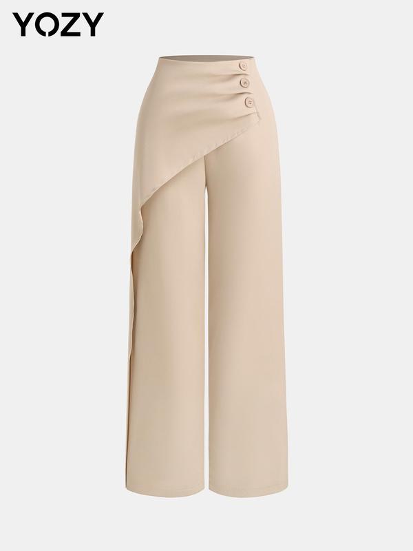 YOZY Women's Plain Ruched Button Decor Wide Leg Pants, Casual Comfy Zipper Trousers for Daily Wear, Ladies Bottoms for All Seasons