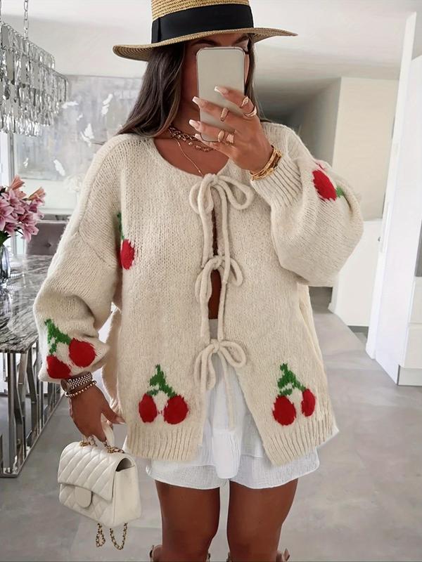 Women's Cherry Pattern Tie Front Drop Shoulder Sweater Cardigan, Casual Long Sleeve Cardigan for Fall & Winter, Fashion Ladies' Knitwear for Daily Wear