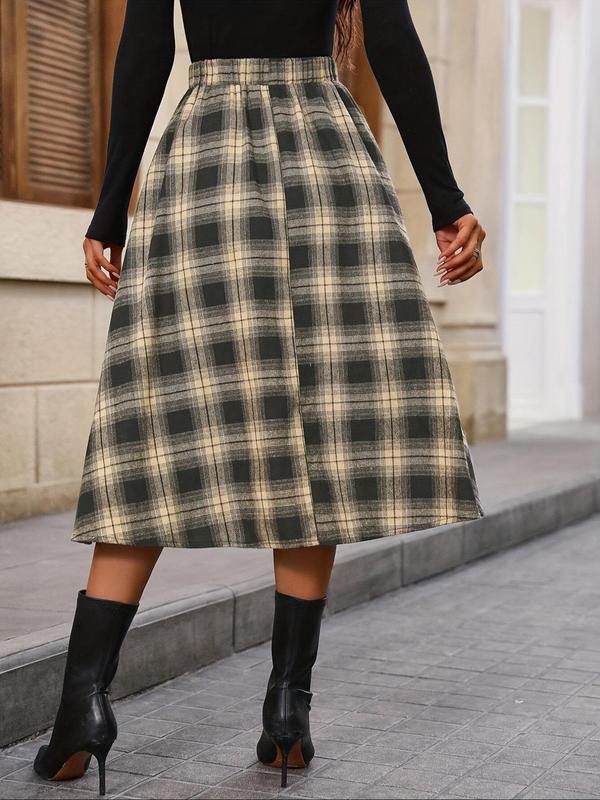 Women's Plaid Print Elastic Waist A Line Skirt, Casual Fashionable Midi Skirt for Daily Wear, Ladies Spring & Fall Bottoms