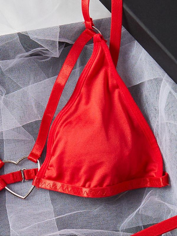 Women's 2pcs Plain Cut Out Heart-Shaped Ring Linked Lingerie Set, Casual Comfy Push Up Bra & Thong Set, Softness Lingerie Set for Women