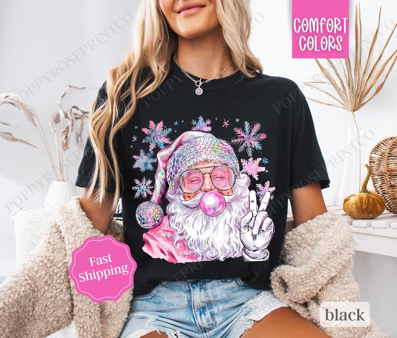 Sparkle Santa Shirt Comfort Colors, Preppy Christmas Tshirt,  Womens Holiday Tee