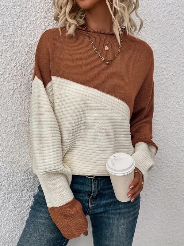 Womenswear Colorblock Drop Shoulder Comfort Sweater, Fall Outfits, Casual Long Sleeve Round Neck Lady Jumper, Ladies' Knitwear for Daily Wear, Fall Outfits