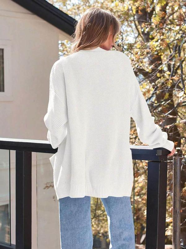 Women's Solid Drop Shoulder Pocket Cardigan, Casual Long Sleeve Open Front Knitwear for Fall & Winter, Fashion Women's Knit Clothing for Daily Wear