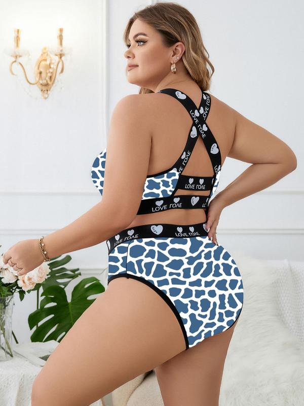  Two-Piece Set Leopard Print Contrast Tape Criss Cross Bra & Knicker Set, Casual Comfy Breathable Lingerie Set for Daily Wear, Women's Underwear Set for All Seasons