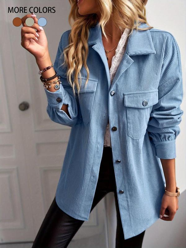 Women's Solid Button Front Long Sleeve Corduroy Jacket, Casual Drop Shoulder Outerwear for Fall & Winter, Ladies Clothes for Daily Wear, Downtown Girl Clothes