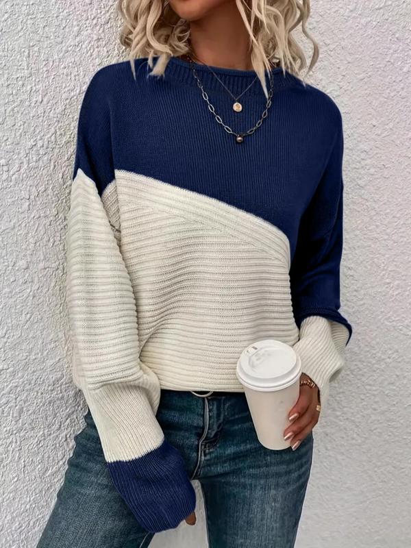 Womenswear Colorblock Drop Shoulder Comfort Sweater, Fall Outfits, Casual Long Sleeve Round Neck Lady Jumper, Ladies' Knitwear for Daily Wear, Fall Outfits