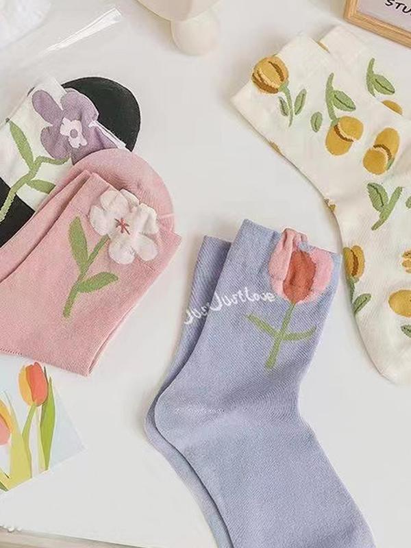 Women's 5 Pairs Floral Print Crew Socks, Fashion Casual Comfy Socks for Daily Outdoor Wear, Women Socks for All Seasons