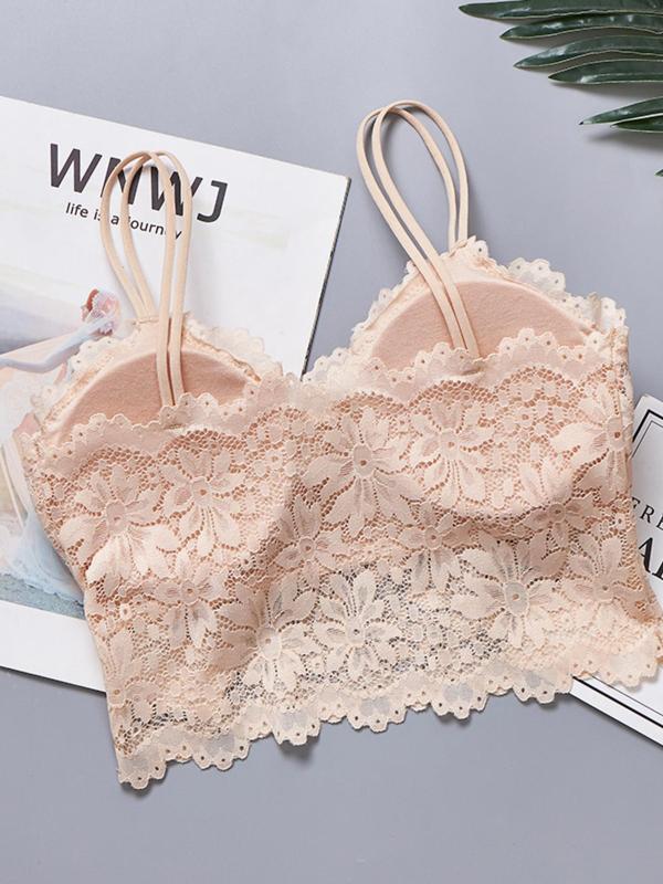 Women's Floral Detail Contrast Lace Bra, Breathable Sheer Lingerie Top for Daily Wear, Soft Comfy Seamless Underwear for Women