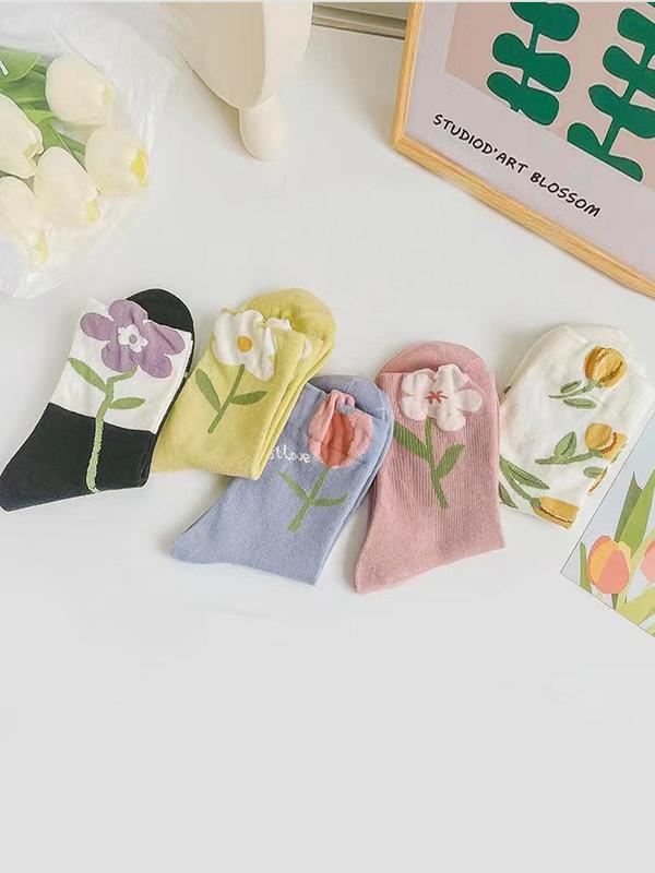 Women's 5 Pairs Floral Print Crew Socks, Fashion Casual Comfy Socks for Daily Outdoor Wear, Women Socks for All Seasons