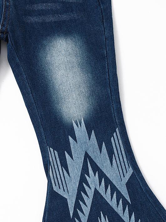 Western Blue Print Denim Stretchy Bell bottoms pants Girls jeans