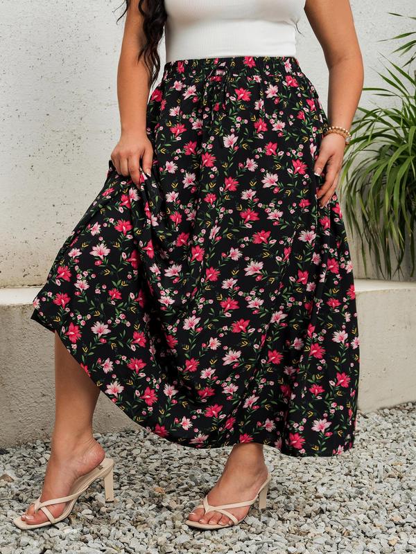 CURVZY Plus Size Fall Aesthetic Ditsy Floral Print Flared Skirt, Boho Long Skirt for Beach Vacation Holiday, Skirts for Women, Women's Bottoms for Summer & Autumn