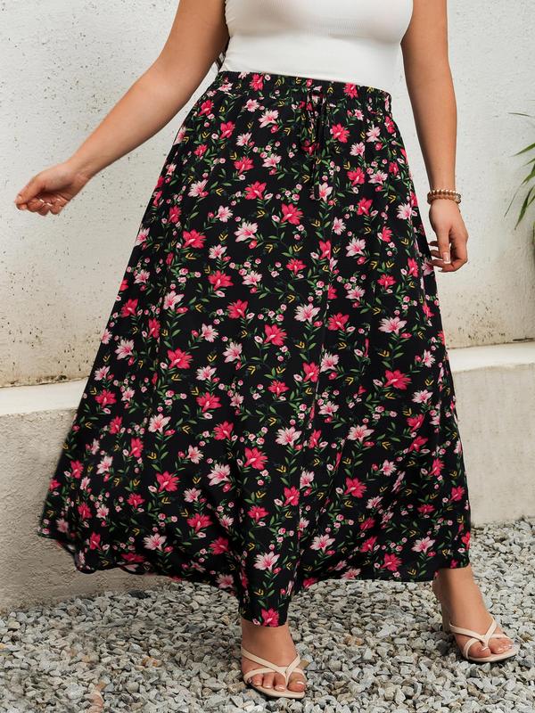 CURVZY Plus Size Fall Aesthetic Ditsy Floral Print Flared Skirt, Boho Long Skirt for Beach Vacation Holiday, Skirts for Women, Women's Bottoms for Summer & Autumn