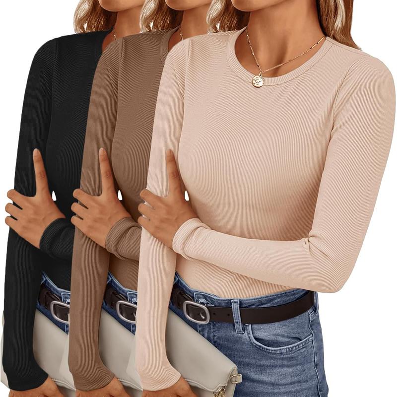 Women's Long Sleeve Shirts 3 Packs Crew Neck Stretchy Fitted Tops Ribbed Base Layer Thermal Undershirts Tee