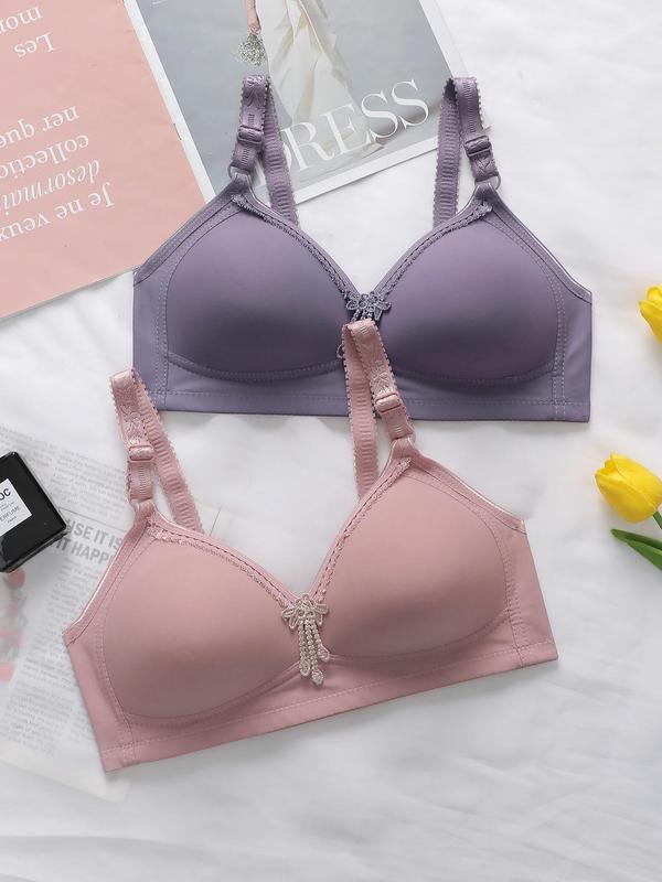 Women's 2pcs Minimalist Plain Adjustable Strap Push Up Bras, Basic Comfortable Seamless Wireless Full Cup Bralette, Soft Comfy Breathable Bra for Lady, Womenswear, Women's Lingeries