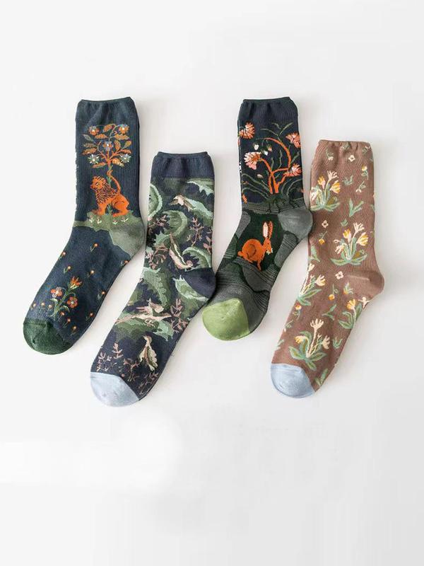 Women's 4 Pairs Animal & Floral Print Crew Socks, Fashion Street Comfy Socks For Daily Vacation Party, Women's Socks For All Seasons