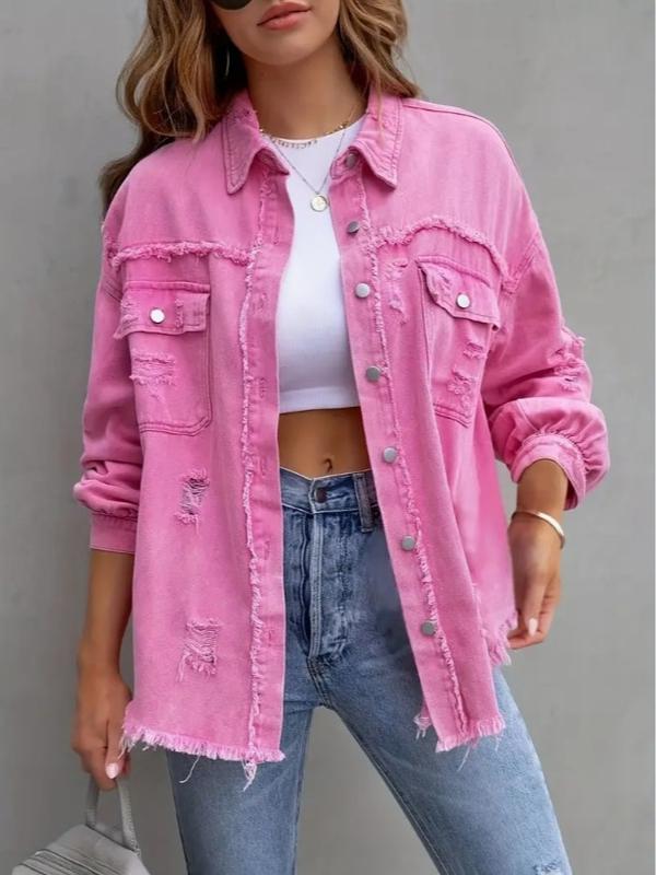 Pink Ripped Raw Hem Denim Coat, Lapel Long Sleeve Flap Chest Pocket Distressed Street Style Denim Jacket, Women's Denim Jeans & Clothing