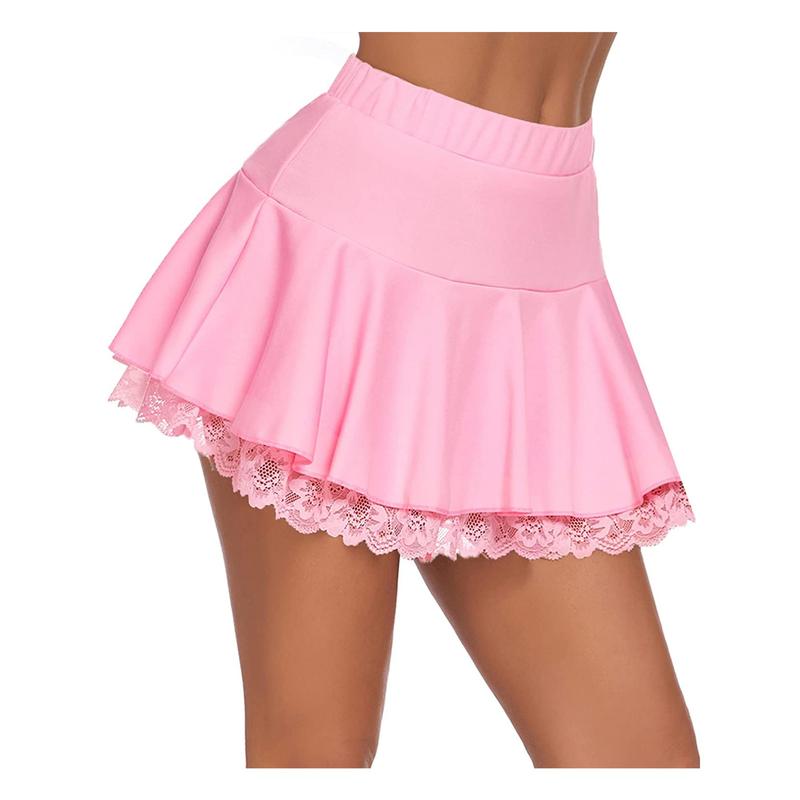 Women's Pleated Mini Skirt A-shaped Flared Outline Lace Ruffles Elastic Waistband Short Skirt