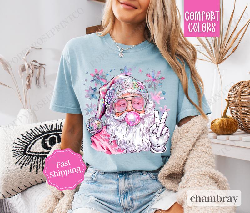 Sparkle Santa Shirt Comfort Colors, Preppy Christmas Tshirt,  Womens Holiday Tee