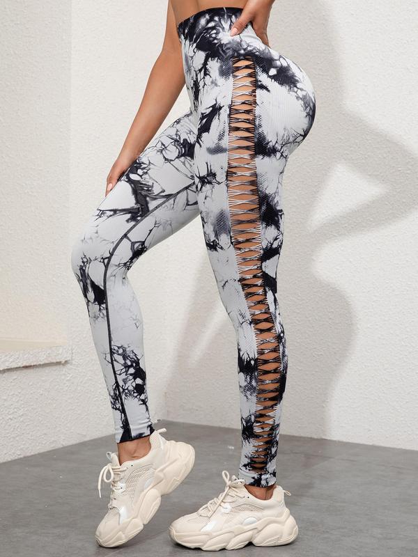 Women's Tie Dye Print Hollow Out Leggings, Casual Comfy High Waist Skinny Pants for Daily Wear, Ladies Bottoms for All Seasons