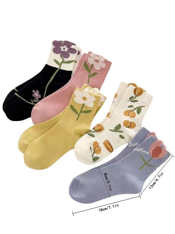 Women's 5 Pairs Floral Print Crew Socks, Fashion Casual Comfy Socks for Daily Outdoor Wear, Women Socks for All Seasons