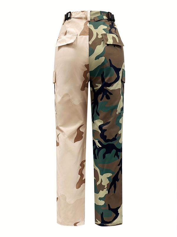 Women's Camo & Colorblock Print Button Fly Buckle Flap Pocket Pants, Y2K Street Fashion Casual Straight Leg Trousers for Daily Wear, Ladies Bottoms for All Seasons, Pants for Women