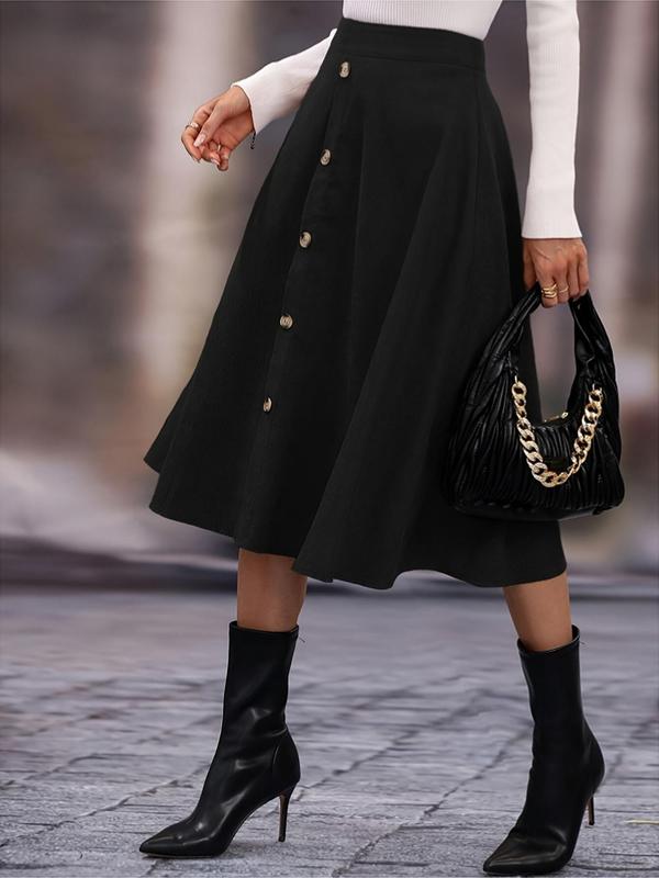 Women's Plain Button Flared Skirt, Elegant Fashion Casual Midi Vintage Skirt for Daily Outdoor Wear, Skirts for Women, Ladies Bottoms for All Seasons