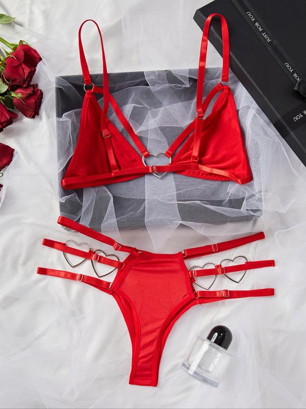 Women's 2pcs Plain Cut Out Heart-Shaped Ring Linked Lingerie Set, Casual Comfy Push Up Bra & Thong Set, Softness Lingerie Set for Women