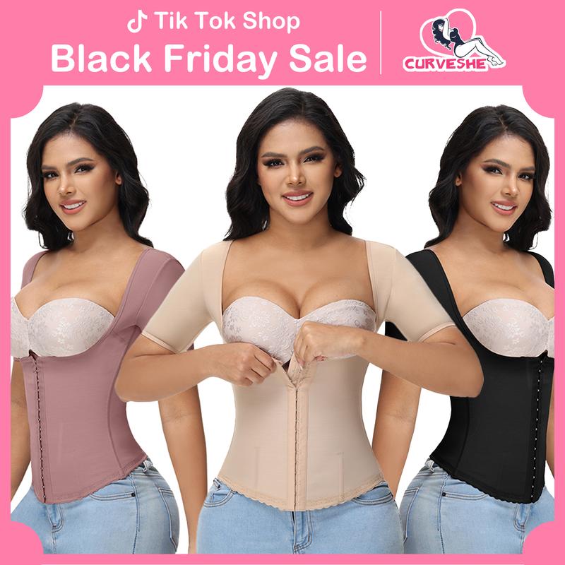 Curveshe Back Support with Sleeves Hook Eyes Control Comfort Women Shapewear Vest