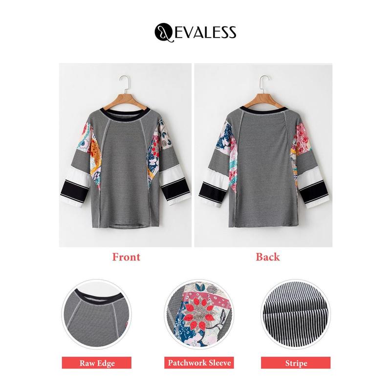 EVALESS Women's Crewneck Batwing 3 4 Sleeve Patchwork Shirts Lightweight Stripe Knit Oversized Blouses Tops 2024 Fashion Summer Fall Outfit Clothing