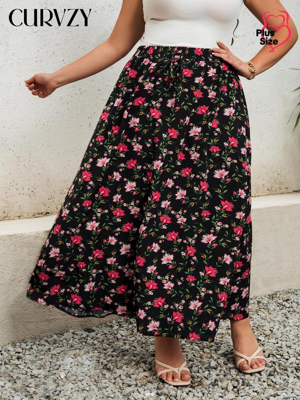 CURVZY Plus Size Fall Aesthetic Ditsy Floral Print Flared Skirt, Boho Long Skirt for Beach Vacation Holiday, Skirts for Women, Women's Bottoms for Summer & Autumn