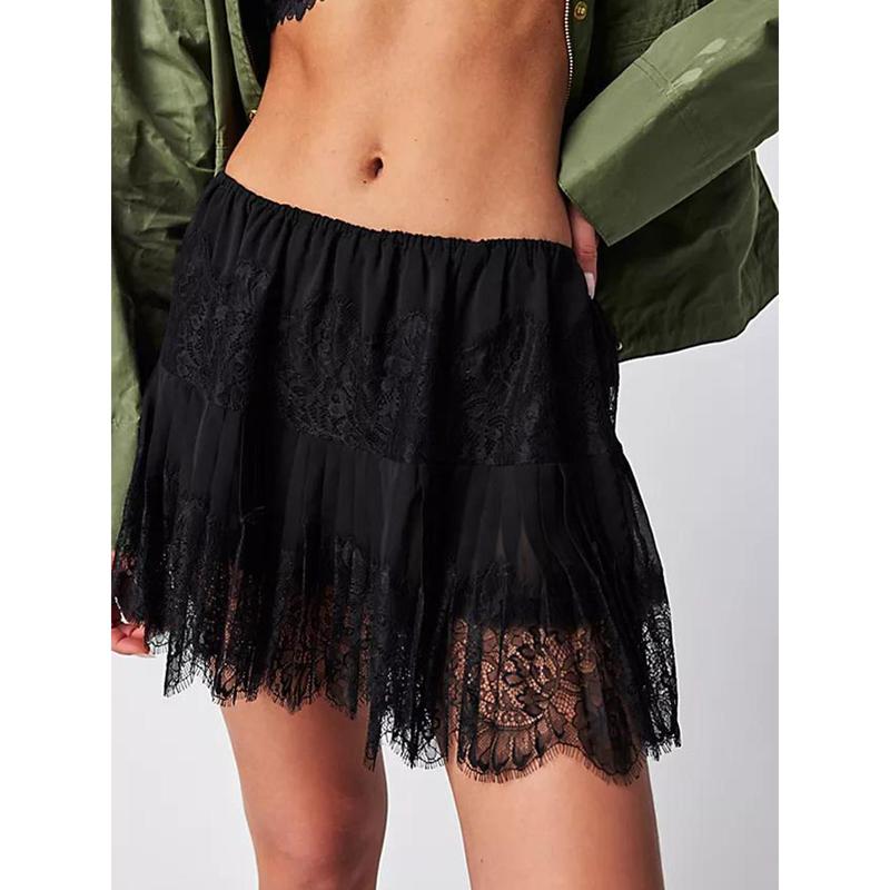 New Women's Y2k Lace Half Slip Skirt Low Rise Pleated Ruffle Trim Mini Skirt Fairy Mesh Layered Flowy Short Skirts Underskirt