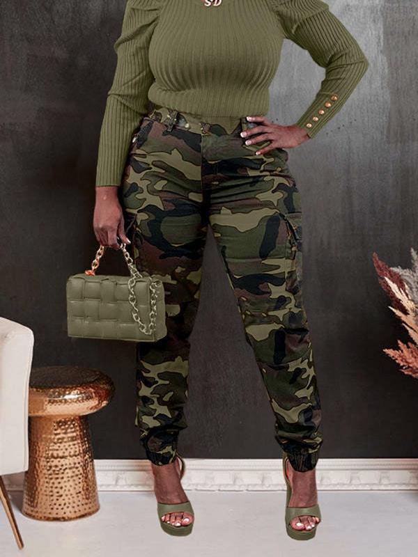 Women's Camo Print Pocket Button Cargo Pants, Casual Streetwear Trendy Trousers for Daily Wear, Ladies Bottoms for Fall & Winter