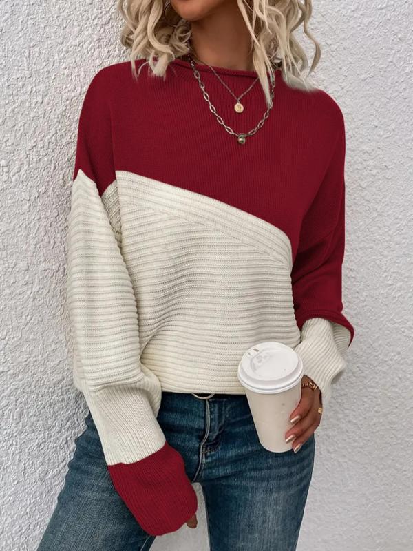 Womenswear Colorblock Drop Shoulder Comfort Sweater, Fall Outfits, Casual Long Sleeve Round Neck Lady Jumper, Ladies' Knitwear for Daily Wear, Fall Outfits