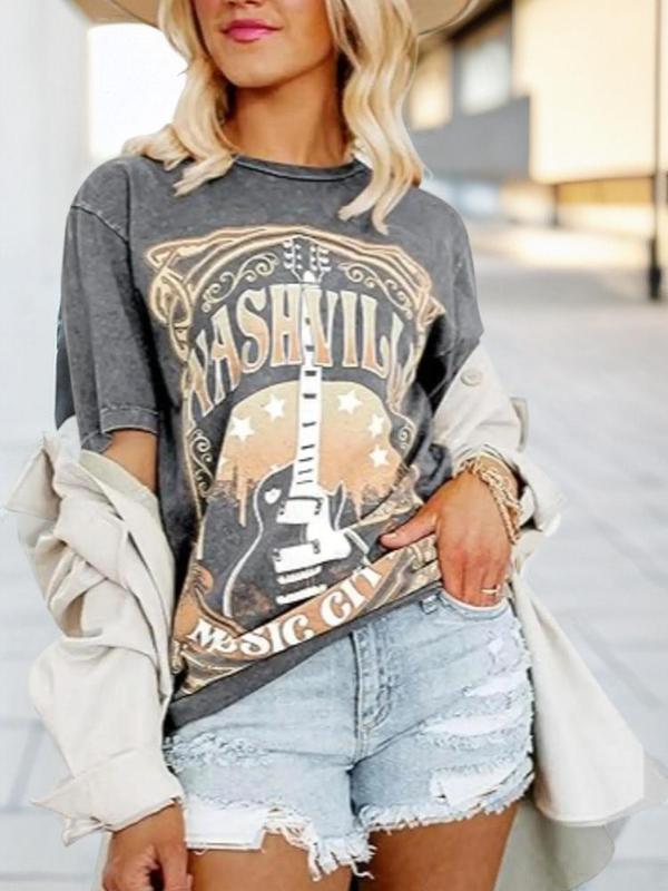 Women's Guitar & Letter Print Round Neck Tee, Summer Clothes, Casual Short Sleeve T-shirt for Summer, Graphic Tees, Women's T-shirts for Daily Wear, Womenswear